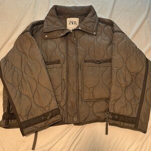 ZARA Taupe Grey Khaki Quilt Jacket, Women Size Large